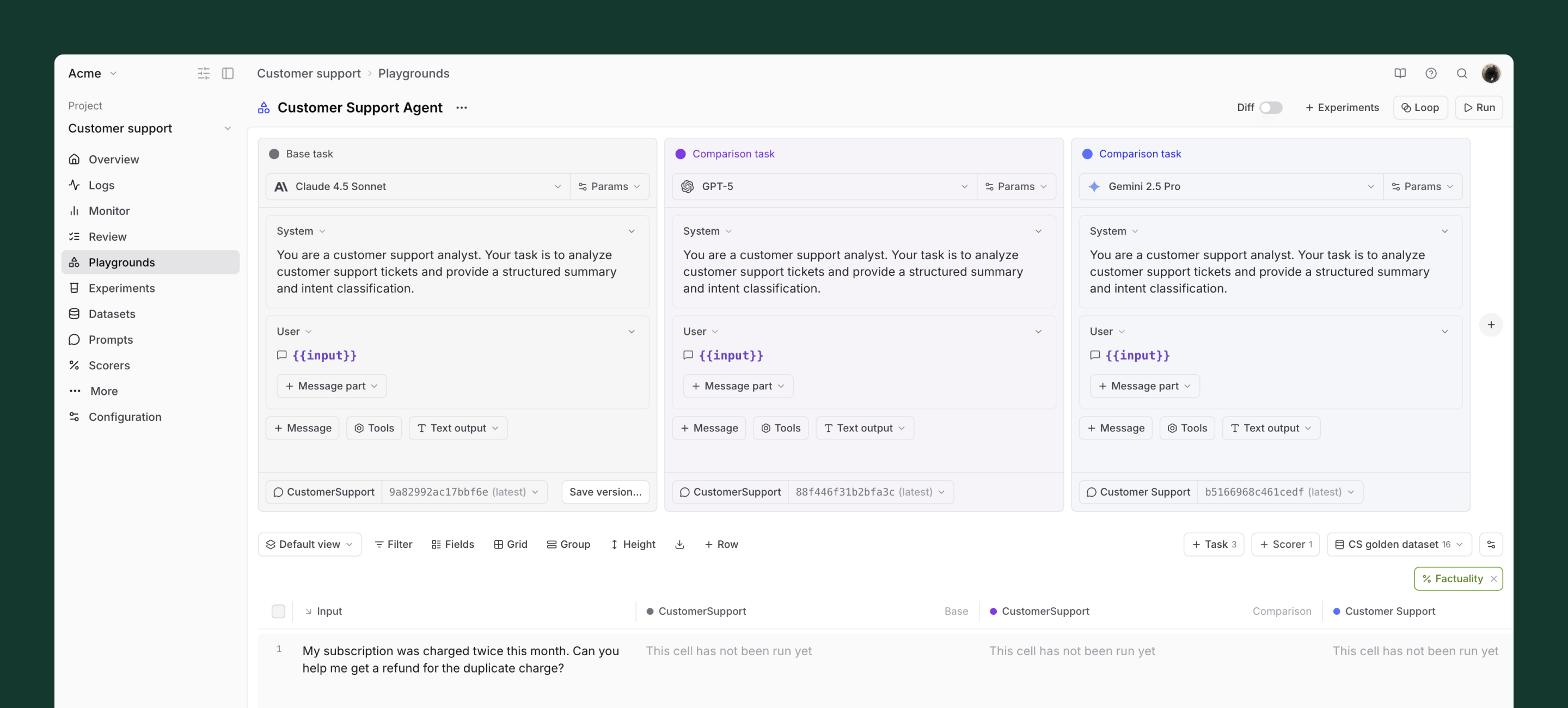 Comparing prompts side-by-side in a Braintrust playground